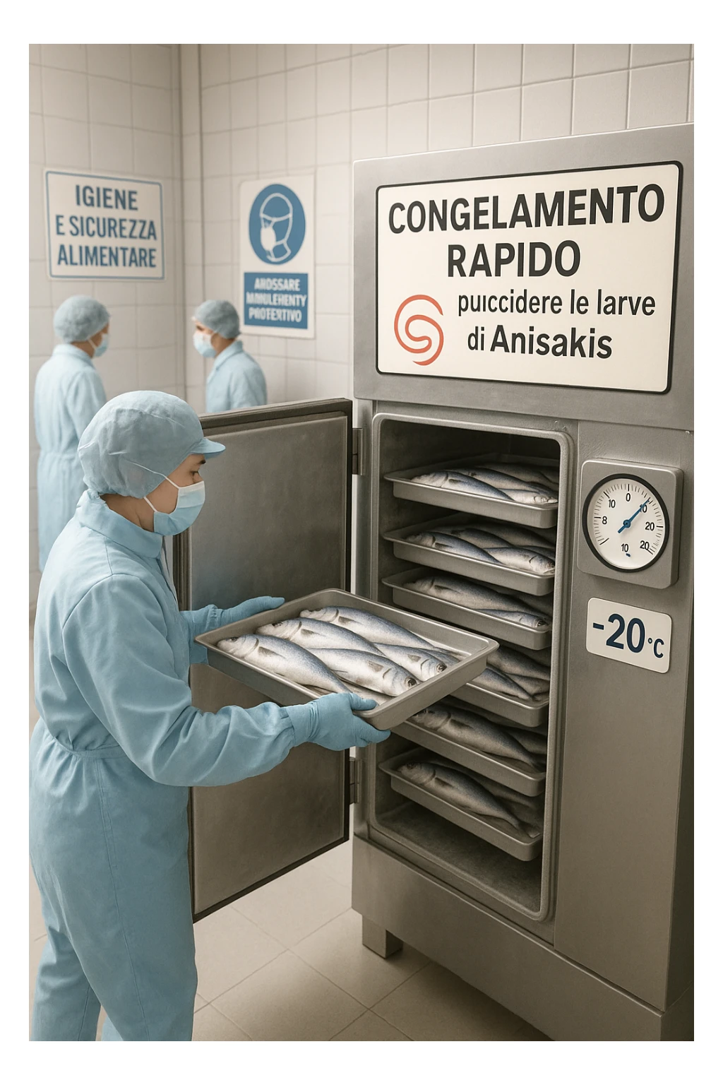 a fish processing facility where freshly caught fish are placed on trays and moved into a large industrial freezer. A temperature gauge shows -20°C, and an educational label explains that rapid freezing (abbattimento) is used to kill Anisakis larvae. The background includes workers in protective clothing and clear signage about food safety. in italiano sticker