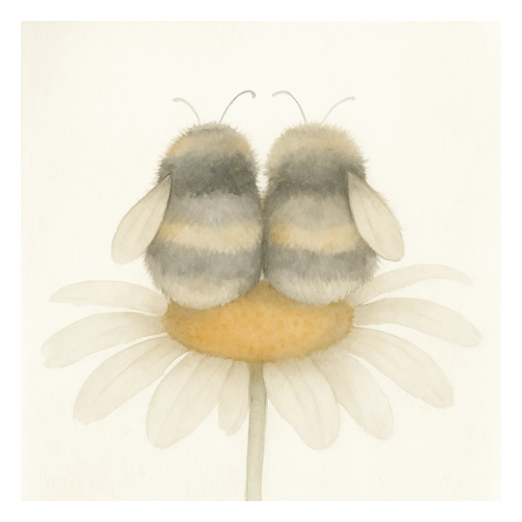 Two fluffy bumblebees sitting side by side on a daisy, viewed from behind, each bumblebee with only one wing visible, bright saturated colors, watercolor illustration in a children's book illustration style, light background. sticker