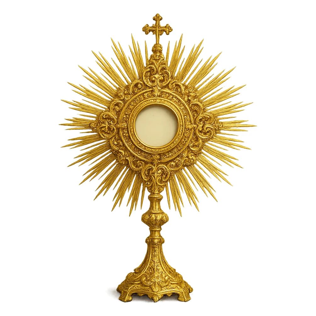 a detailed monstrance, ornate, gold, rays, religious object sticker