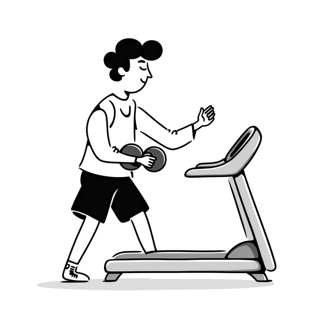 Gym equipment workout area with treadmill and weights sticker