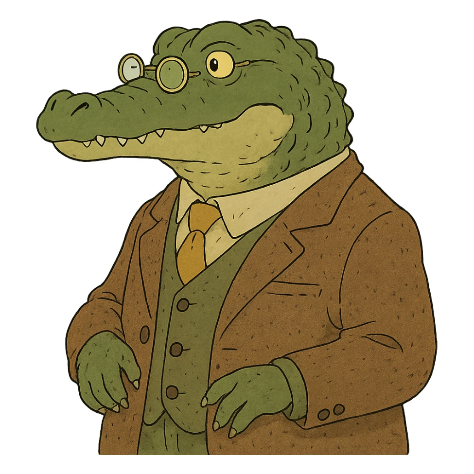 ghibli style alligator professor with spectacles and tweed jacket sticker