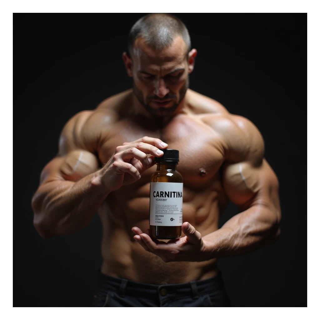 hyperrealistic bodybuilder holding a vial with a clearly visible label reading 'CARNITINA' in large block letters, muscular details, dramatic lighting, 4k quality sticker