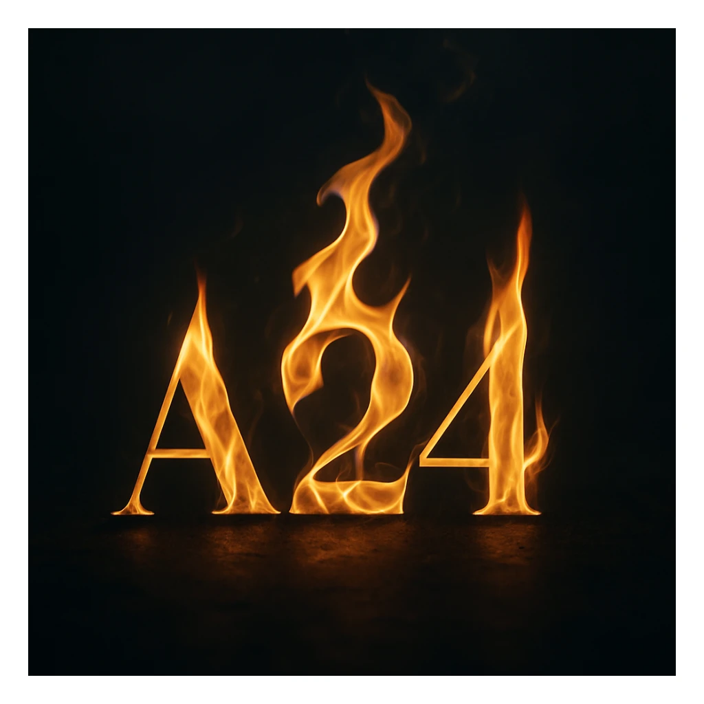 the A24 logo burning with subtle, elegant fire, minimalist, dark background, moody sticker