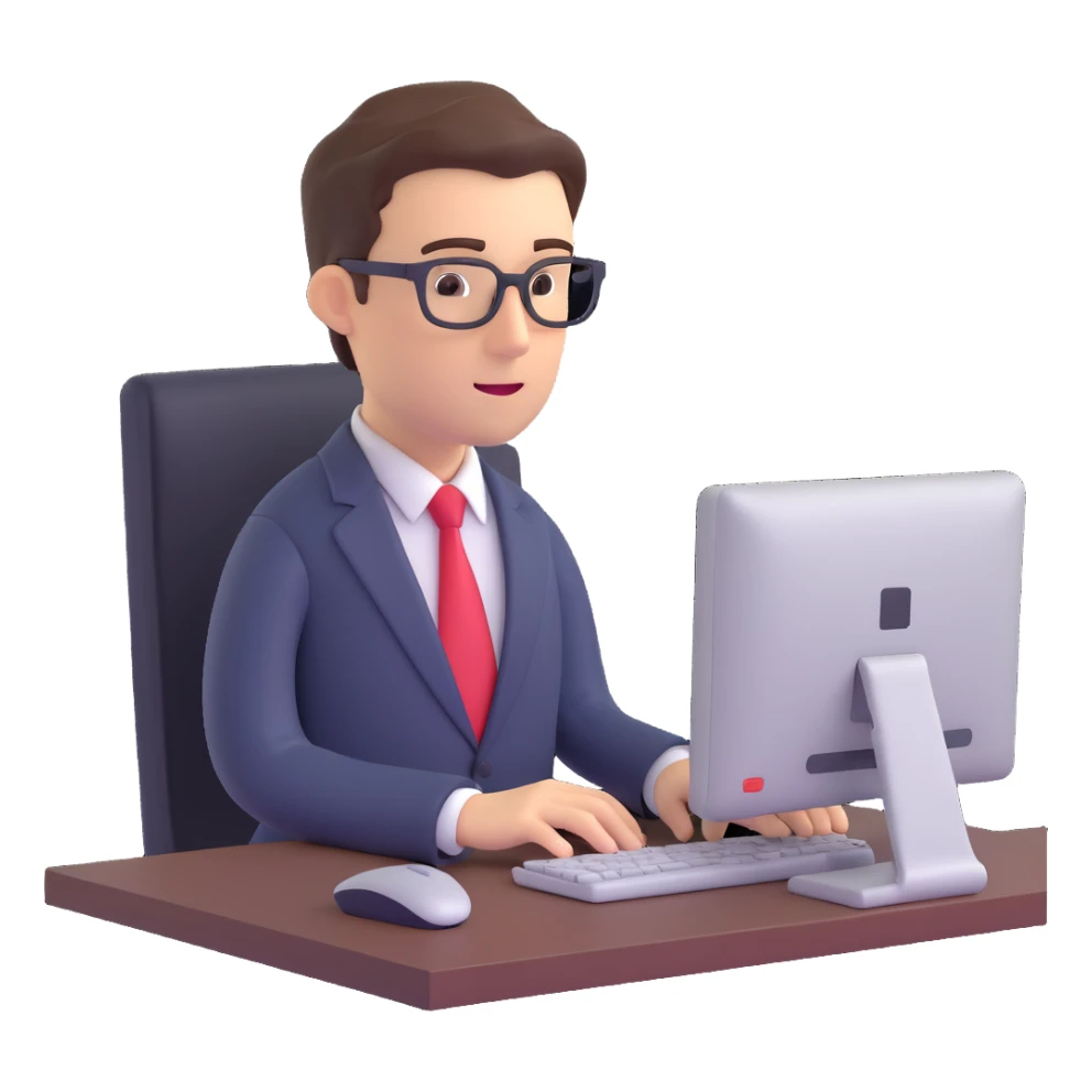 A person in a business suit working on a computer sticker