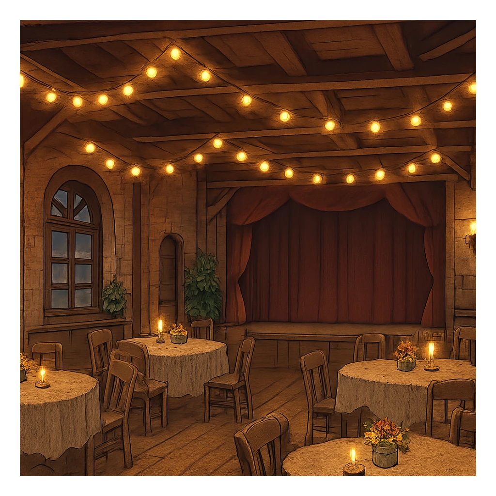 ghibli style cozy event venue, warm lighting sticker