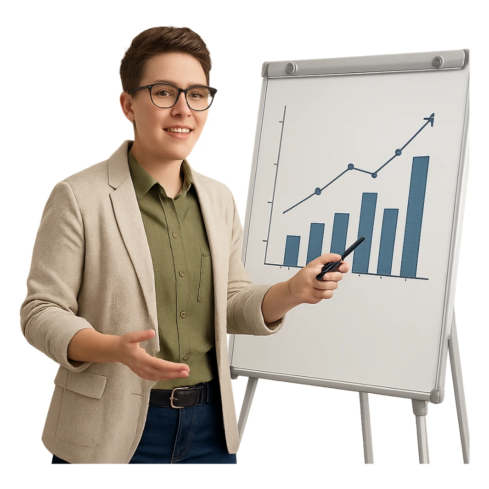 gender neutral marketer with glasses, giving a presentation, pointing at a chart, smart-casual clothing, clean background sticker