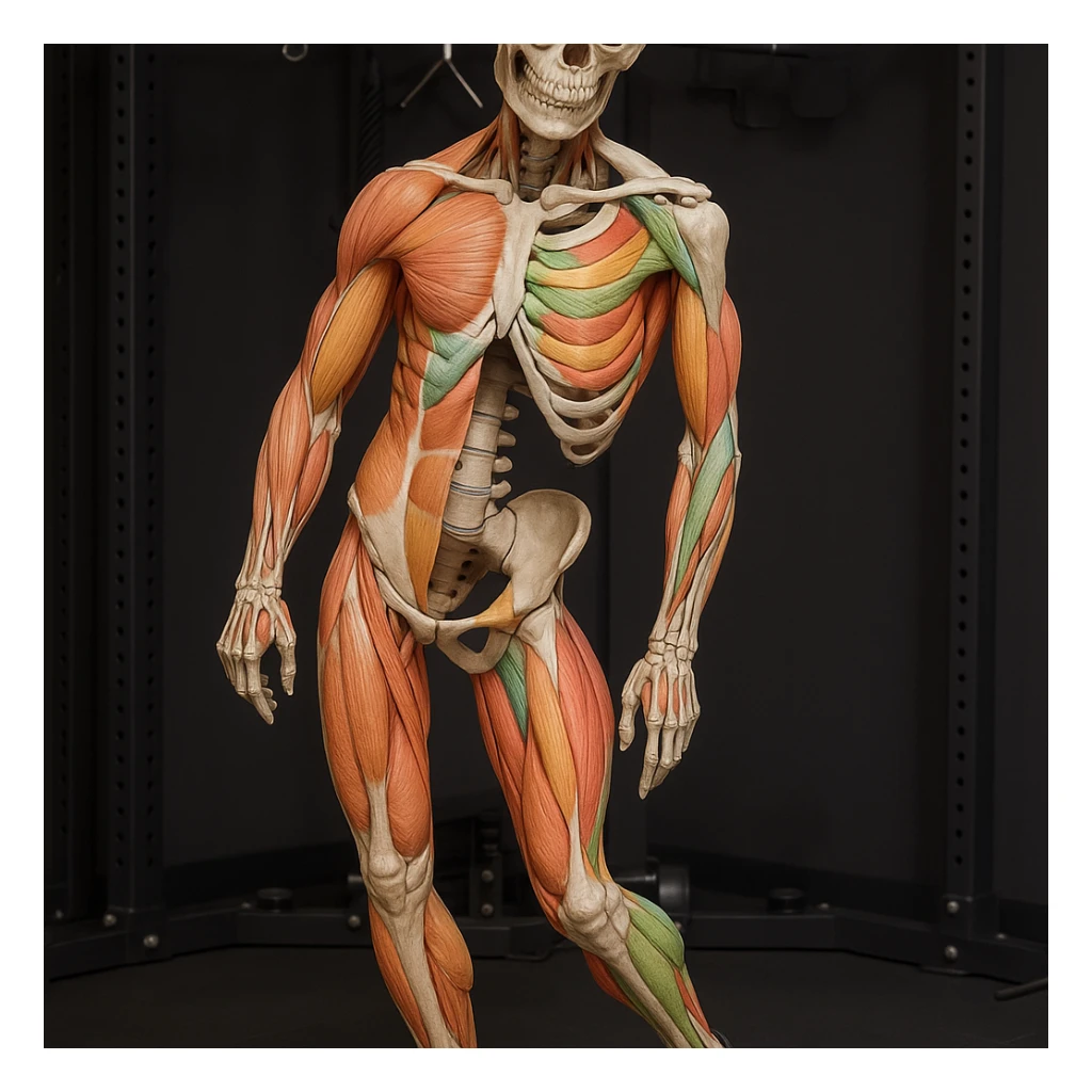 Hyperrealistic anatomical view of the same pose: tilted pelvis, valgus knee, pronated foot, with detailed visible bones and muscles, gym environment, 4K quality. Variant 4: highlight the involved muscles with different coloring. sticker