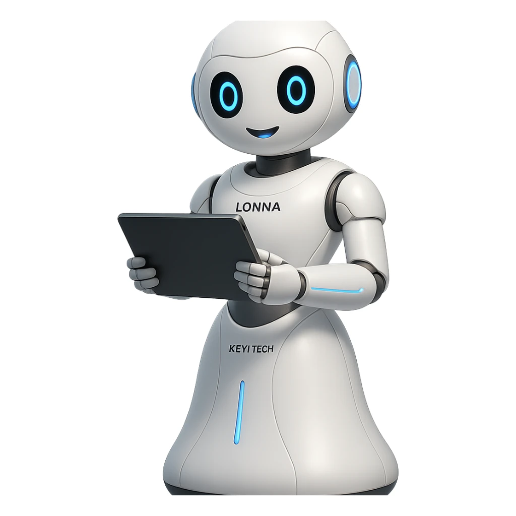 Lonna the robot from Keyi Tech, holding a tablet, streamlined design, blue LED accents, welcoming expression sticker