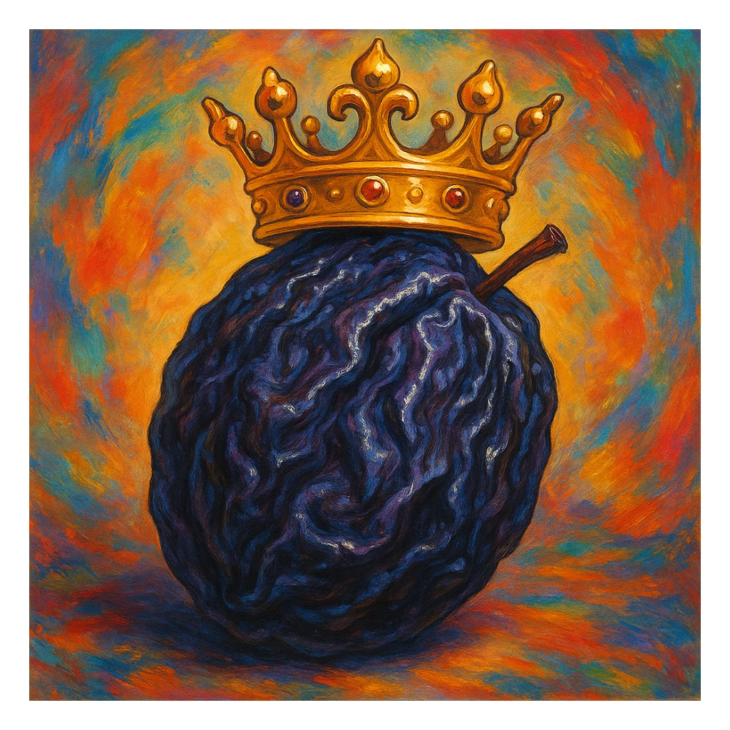 prune fruit with a crown, detailed, vibrant colors sticker