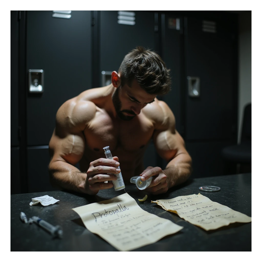 scene in gym locker room young bodybuilder injecting himself with unknown substance from unlabeled vial, crumpled handwritten 'protocollo' paper, syringe and alcohol wipes scattered, harsh lighting, hyperrealistic 4K, tense risky atmosphere sticker