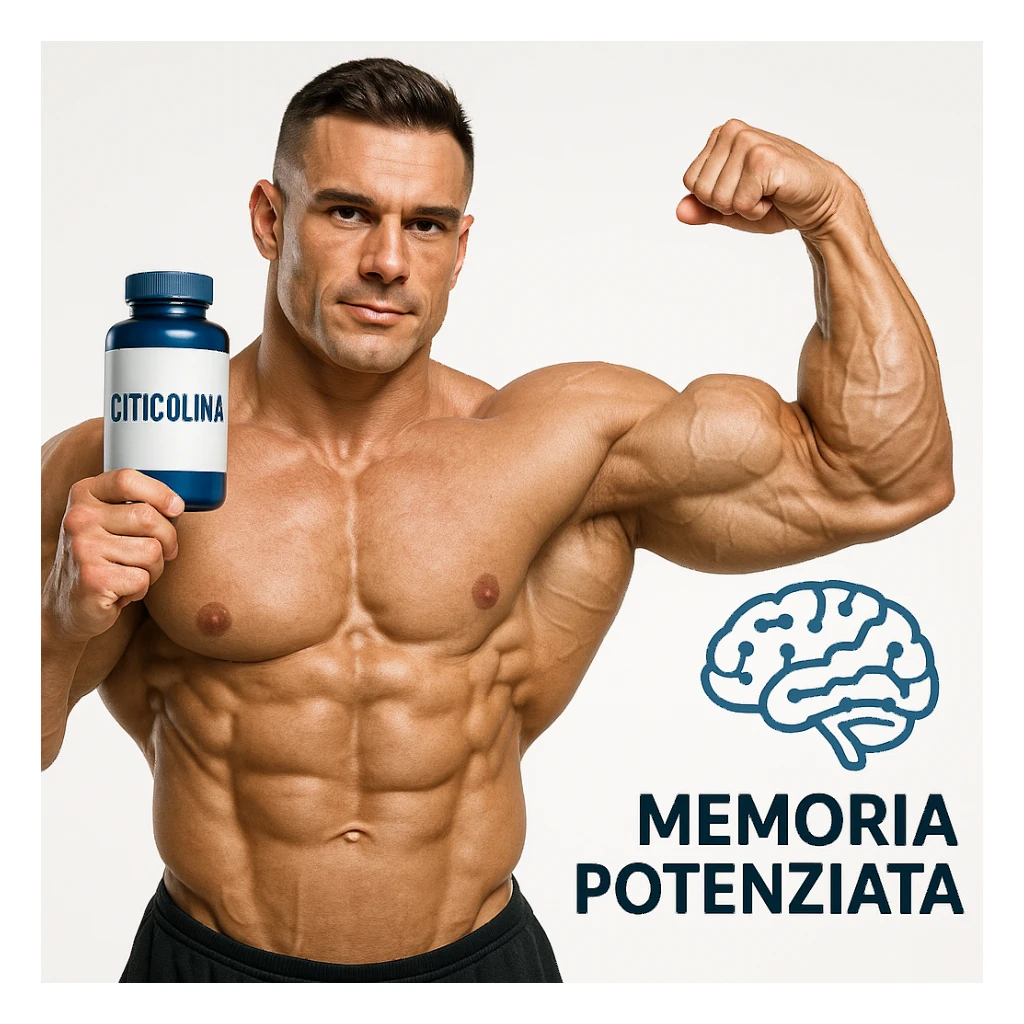 hyper realistic bodybuilder showing Citicolina and memory symbol, defined muscles, blue bottle, memory icon next to it, text 'Memoria potenziata', scientific atmosphere, white background sticker