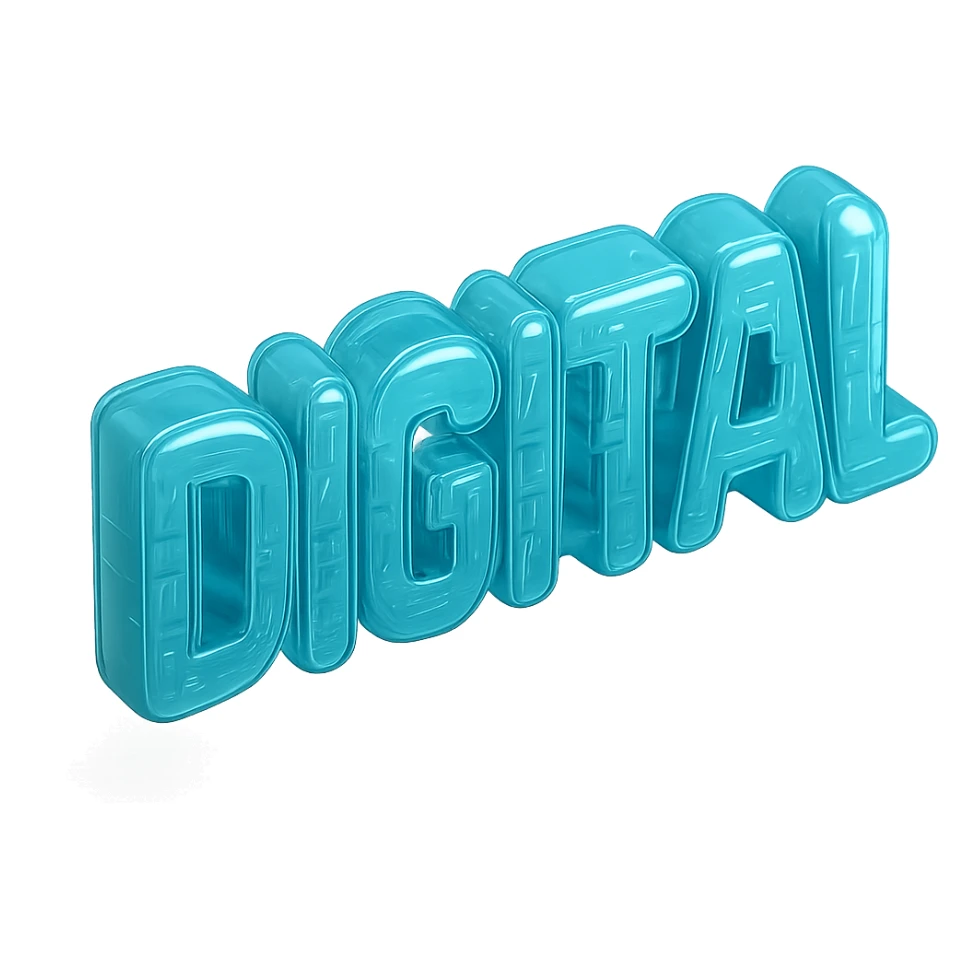 The word "DIGITAL", cyan blue sticker