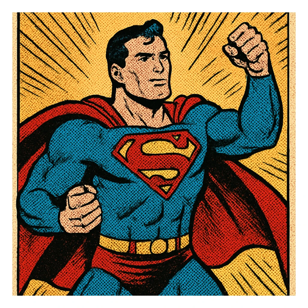 Superman, classic superhero pose, vibrant comic book style sticker