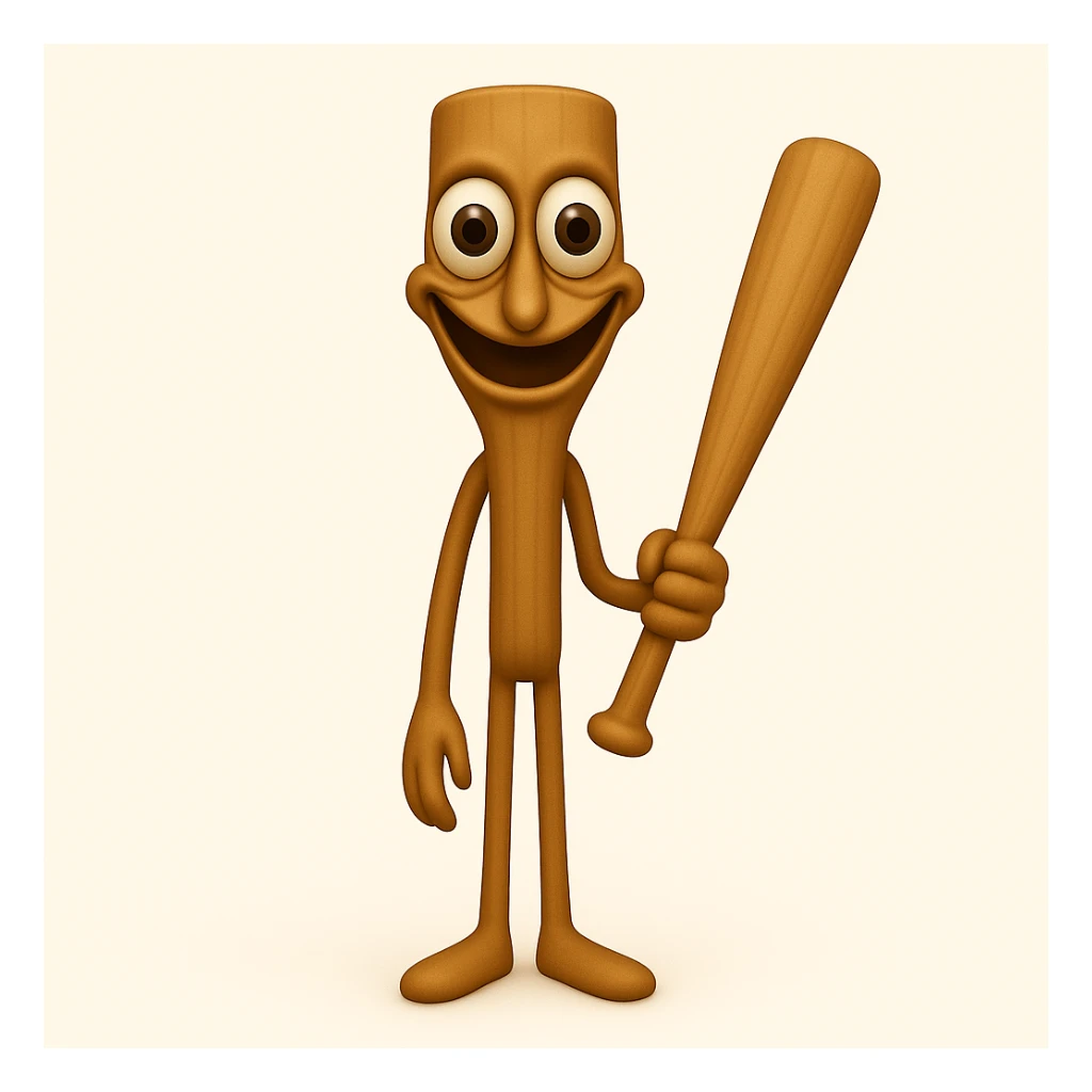 Make the stump character much skinnier and longer, with a face that is even creepier—large, wide, staring eyes and an exaggerated unsettling smile, closely matching the new reference image. Keep arms and legs, holding a baseball bat. Render in emoji style. sticker