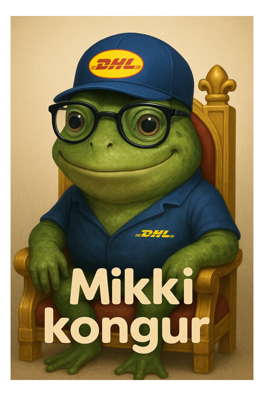 Generate a realistic and friendly DHL Express frog mascot like the reference image of a green frog with glasses and a DHL hat, sitting on a throne. Include the text 'Mikki kongur' in a rounded font. Maintain a realistic and friendly style. sticker