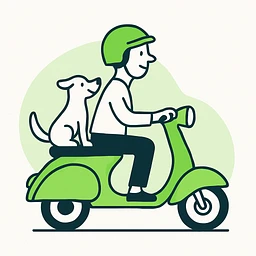 man and his pet dog riding a vespa