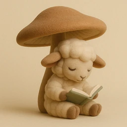 Lamb reading under a mushroom umbrella.
