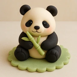 Panda with a bamboo shoot on a plush mat

