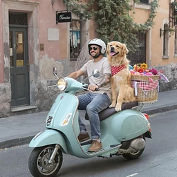 man and his pet dog riding a vespa