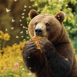 bear eating honeycomb with bees flying around