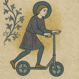 boy riding a scooter.
