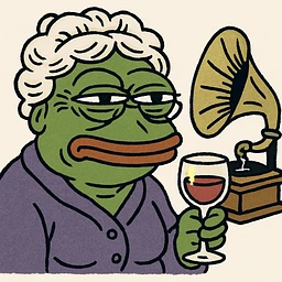old lady with wineglass listening to gramophone