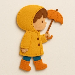 Flocked child in raincoat holding a tiny umbrella.