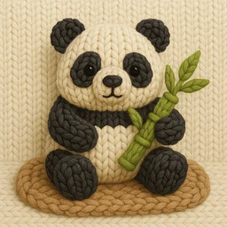 Panda with a bamboo shoot on a plush mat