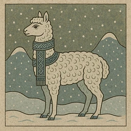 Alpaca toy wearing a knitted scarf in snow.