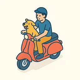 man and his pet dog riding a vespa