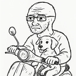 man and his pet dog riding a vespa
