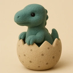 Flocked dinosaur hatching from a fuzzy egg.

