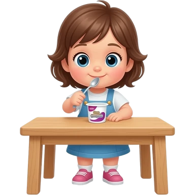 una niña de 15 meses blanquita pelo castaño clarito, ojos claritos como girs claritos con dos quisquis. Comiendo de un yogurt ella sola con cuchara, de pie apoyada en una mesa bajita color madera clara sticker