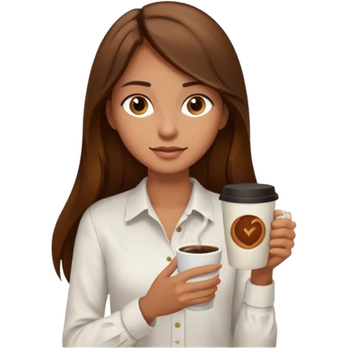 Chica de pelo  largo  castaño playera blanca  piel  morena con un café  sticker