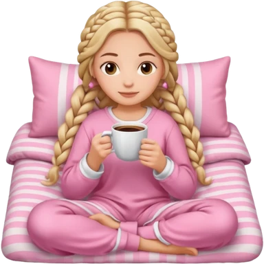 White girl with goddess braids holding a cup of coffee while snuggling in a cozy pink blanket and cute pink and white pajamas  sticker