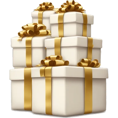 Five presents stacked in a pile all wrapped in white and beige wrapping with gold bows  sticker