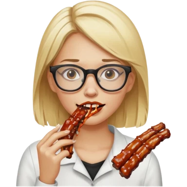 A women with hair blonde glasses eating a ribs sticker