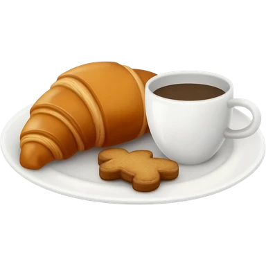 A croissant in a plate with a side of brown gingerbread cookies and some coffe sticker