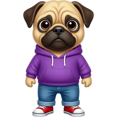 Pug wearing a purple hoodie with blue jeans and red shoes  sticker