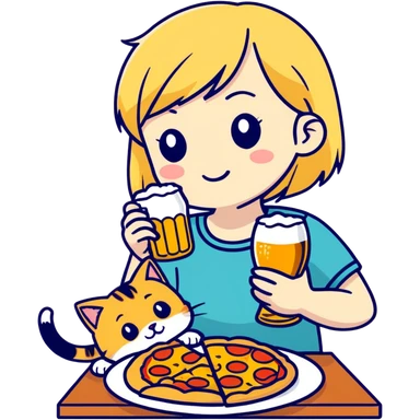Chica rubia con su gato con una cerveza y su gato Comiendo pizza y ella comiendo croquetas  sticker