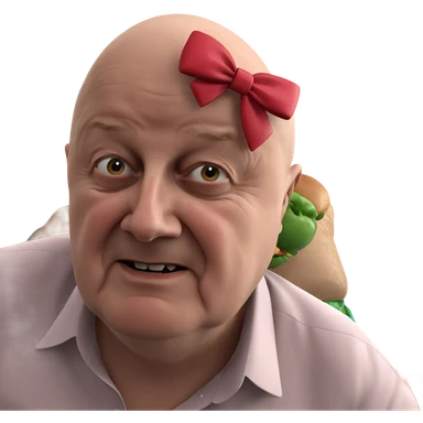 bald boy with bow and food sticker