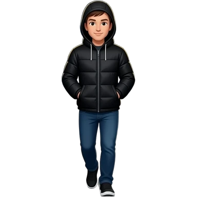 Una persona caminando con una campera negra, las manos en los bolsillos de la campera negra, con una capucha, es muy de noche y un camino largo de una plaza oscura sin personas y unos postes de luz. sticker