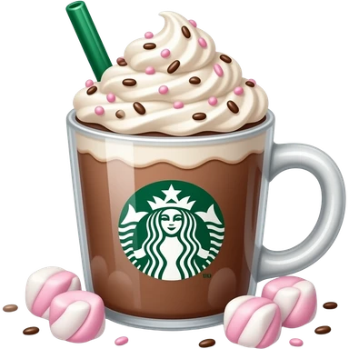 Starbucks hot chocolate with whipped cream, pink and white and light brown marshmallow and chocolate sprinkles
 sticker
