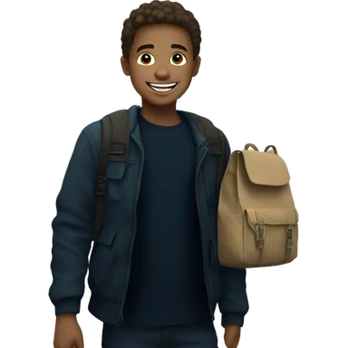 smiling boy outdoors with bag sticker