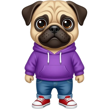 Pug wearing a purple hoodie with blue jeans and red shoes sticker