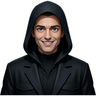 Humanoide con sonrisa perturbadora, vestido de negro, en plaza nocturna vacía con luces tenues y atmósfera inquietante. sticker