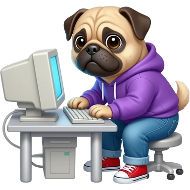 Pug wearing a purple hoodie with blue jeans and red shoes on a computer sticker