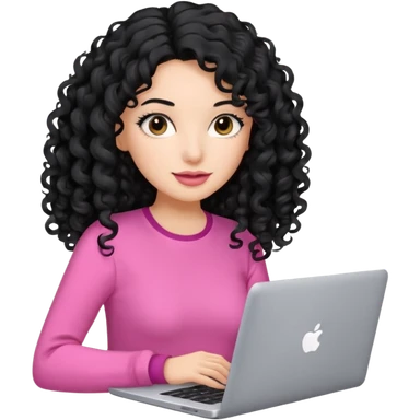 pretty brunnet woman with pink clothes and long mid length black curly hair with laptop  sticker