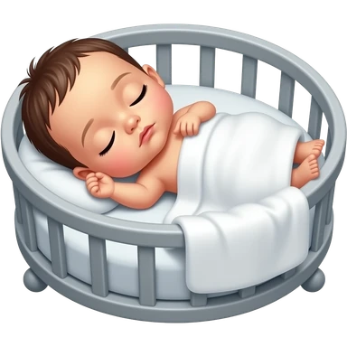 Bebé de 6 días ojos oscuros poquito pelo, durmiendo boca arriba en una cuna gris, tapado con una mantita blanca sticker