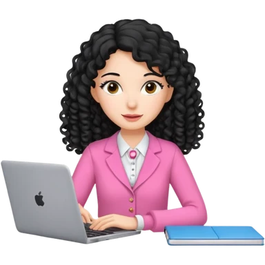 pretty brunnet teacher woman with pink clothes and long mid length black curly hair with laptop  sticker